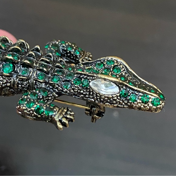 Antique Style Green Alligator Gator Crocodile Rhinestones Bling Brooch - Picture 8 of 12